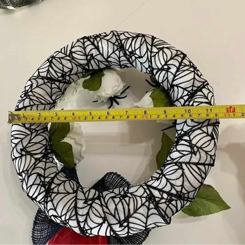 Halloween Spider Wreath White Roses Black Bow 11